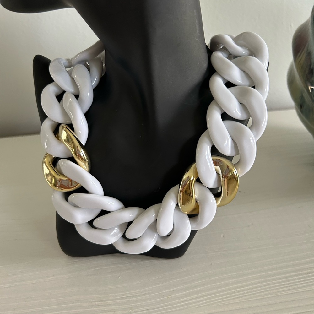 White and Gold Chain Plastic White Lucite Necklace